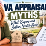 Lisa Pinnick featured in a VA appraisal myths graphic with a home, American flag, and checklist for property value, safety, structural soundness, and sanitation.