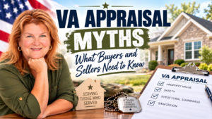 Lisa Pinnick featured in a VA appraisal myths graphic with a home, American flag, and checklist for property value, safety, structural soundness, and sanitation.