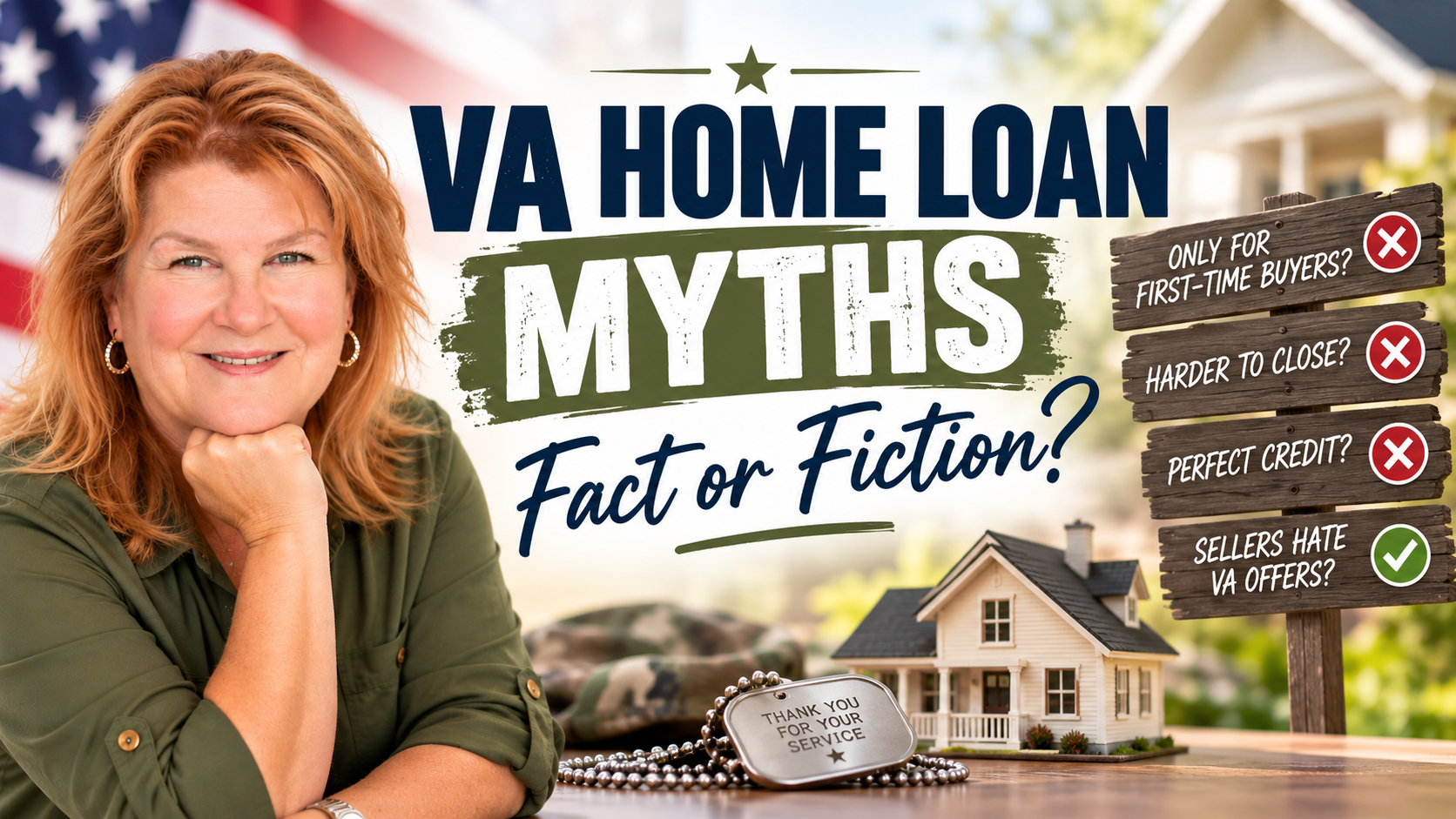 VA home loan myths infographic featuring mortgage loan officer Lisa Pinnick and common misconceptions about VA financing.